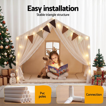 Alona.com.au Baby & Kids > Baby & Kid's Toys > Pretend Play Keezi Kids Play Tent with Star Lights Windows Flag 144cmx95cm Playhouse
