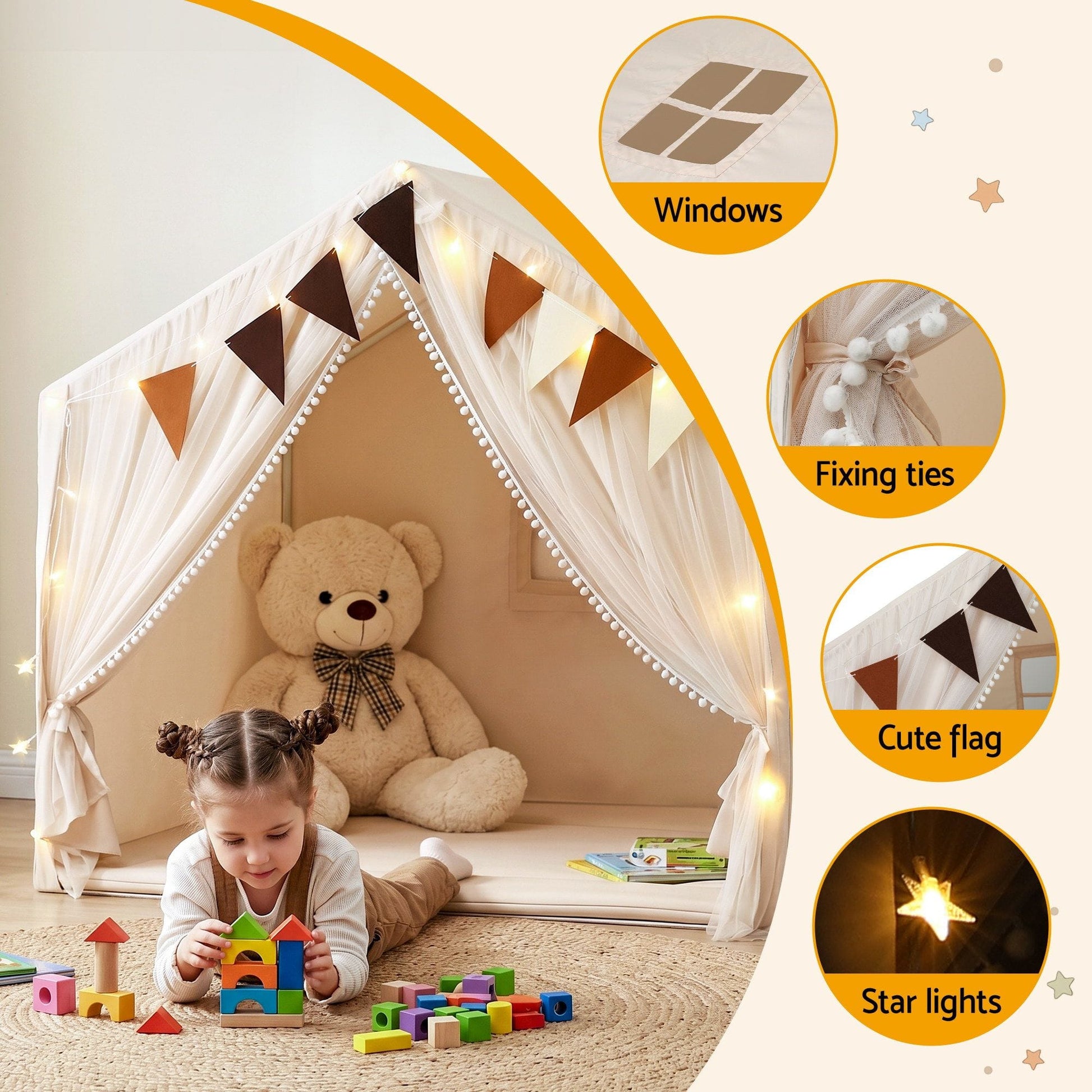 Alona.com.au Baby & Kids > Baby & Kid's Toys > Pretend Play Keezi Kids Play Tent with Star Lights Windows Flag 144cmx95cm Playhouse