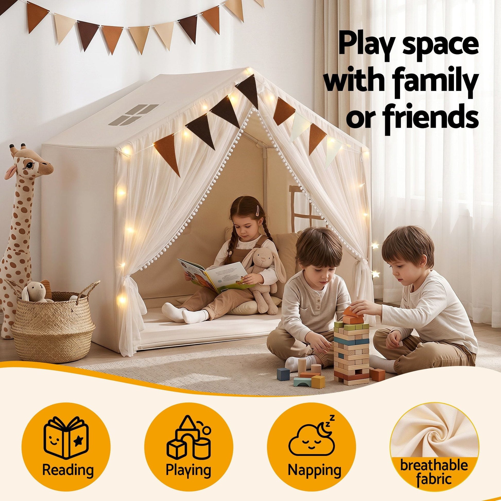 Alona.com.au Baby & Kids > Baby & Kid's Toys > Pretend Play Keezi Kids Play Tent with Star Lights Windows Flag 144cmx95cm Playhouse