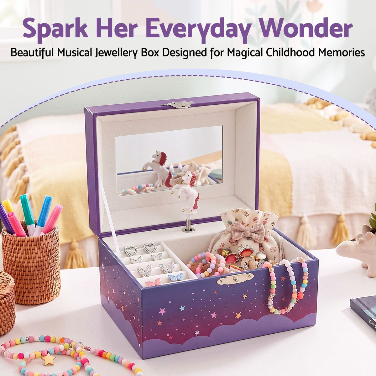 Alona.com.au Baby & Kids > Kid's Furniture > Toy Boxes Keezi Kids Jewellery Box Organiser for Girls Kids Music Box Unicorn Purple