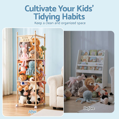 Alona.com.au Baby & Kids > Kid's Furniture > Toy Boxes Keezi Stuffed Animal Storage Wooden Toy Holder with Wheels Soft Toy Storage Zoo Cage Stuffy Toy Storage Organizers with Elastic Cords for Playroom Bedroom Nursery