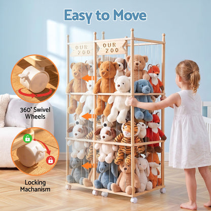 Alona.com.au Baby & Kids > Kid's Furniture > Toy Boxes Keezi Stuffed Animal Storage Wooden Toy Holder with Wheels Soft Toy Storage Zoo Cage Stuffy Toy Storage Organizers with Elastic Cords for Playroom Bedroom Nursery