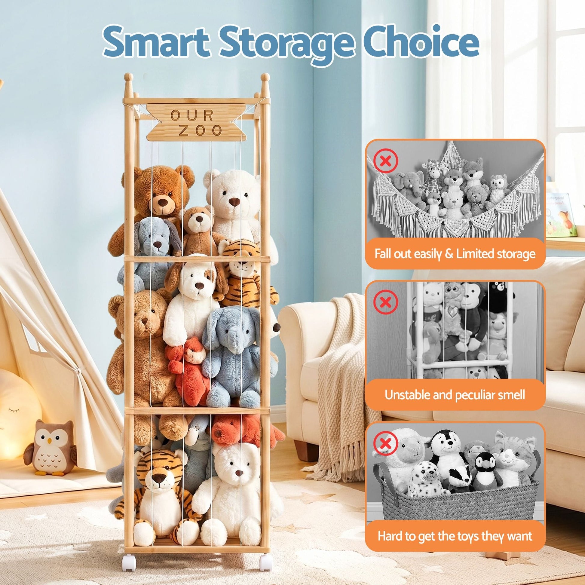 Alona.com.au Baby & Kids > Kid's Furniture > Toy Boxes Keezi Stuffed Animal Storage Wooden Toy Holder with Wheels Soft Toy Storage Zoo Cage Stuffy Toy Storage Organizers with Elastic Cords for Playroom Bedroom Nursery
