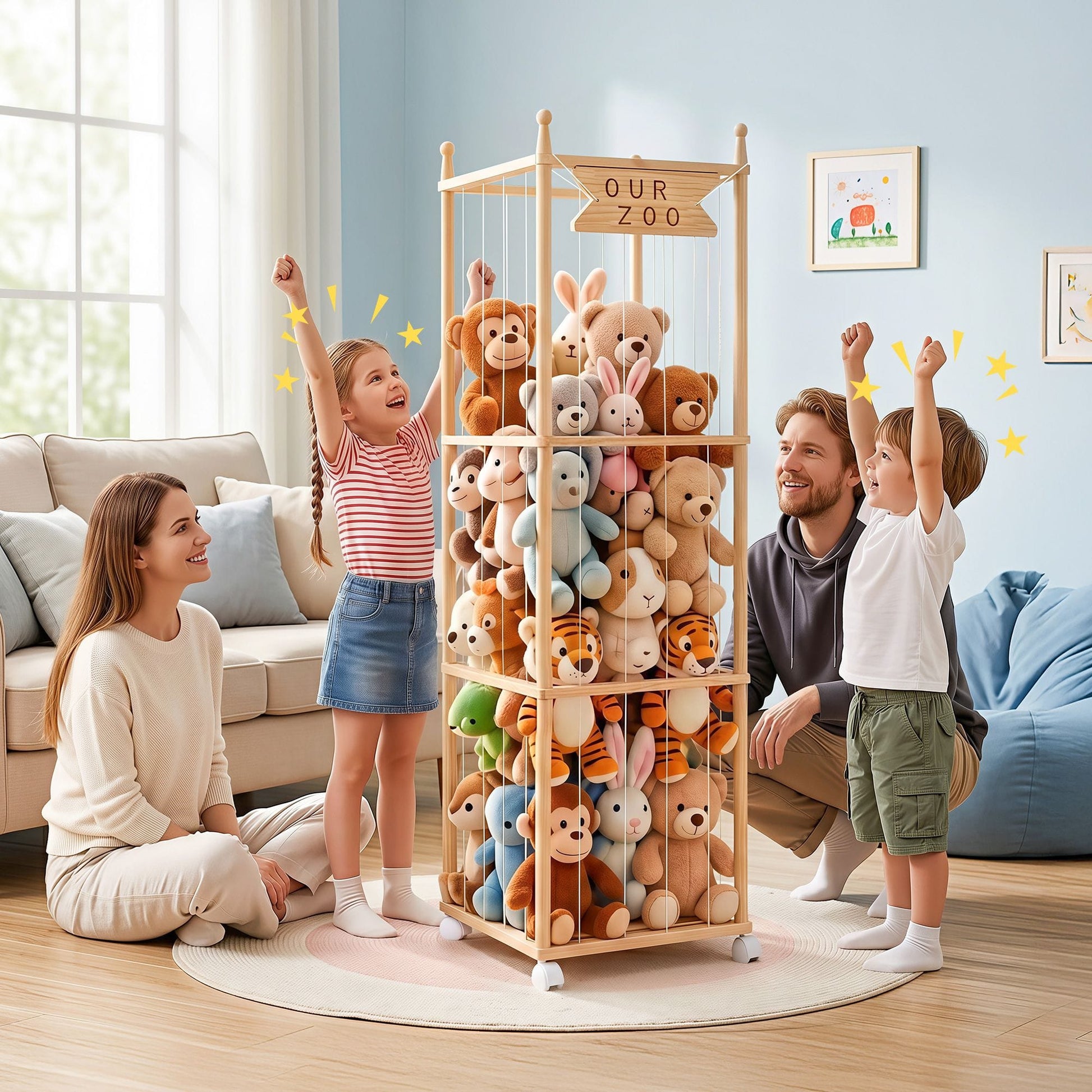 Alona.com.au Baby & Kids > Kid's Furniture > Toy Boxes Keezi Stuffed Animal Storage Wooden Toy Holder with Wheels Soft Toy Storage Zoo Cage Stuffy Toy Storage Organizers with Elastic Cords for Playroom Bedroom Nursery