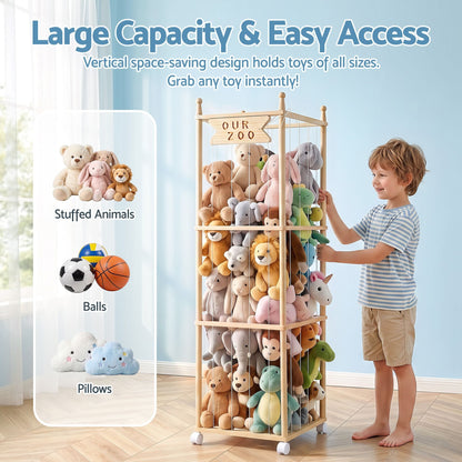 Alona.com.au Baby & Kids > Kid's Furniture > Toy Boxes Keezi Stuffed Animal Storage Wooden Toy Holder with Wheels Soft Toy Storage Zoo Cage Stuffy Toy Storage Organizers with Elastic Cords for Playroom Bedroom Nursery