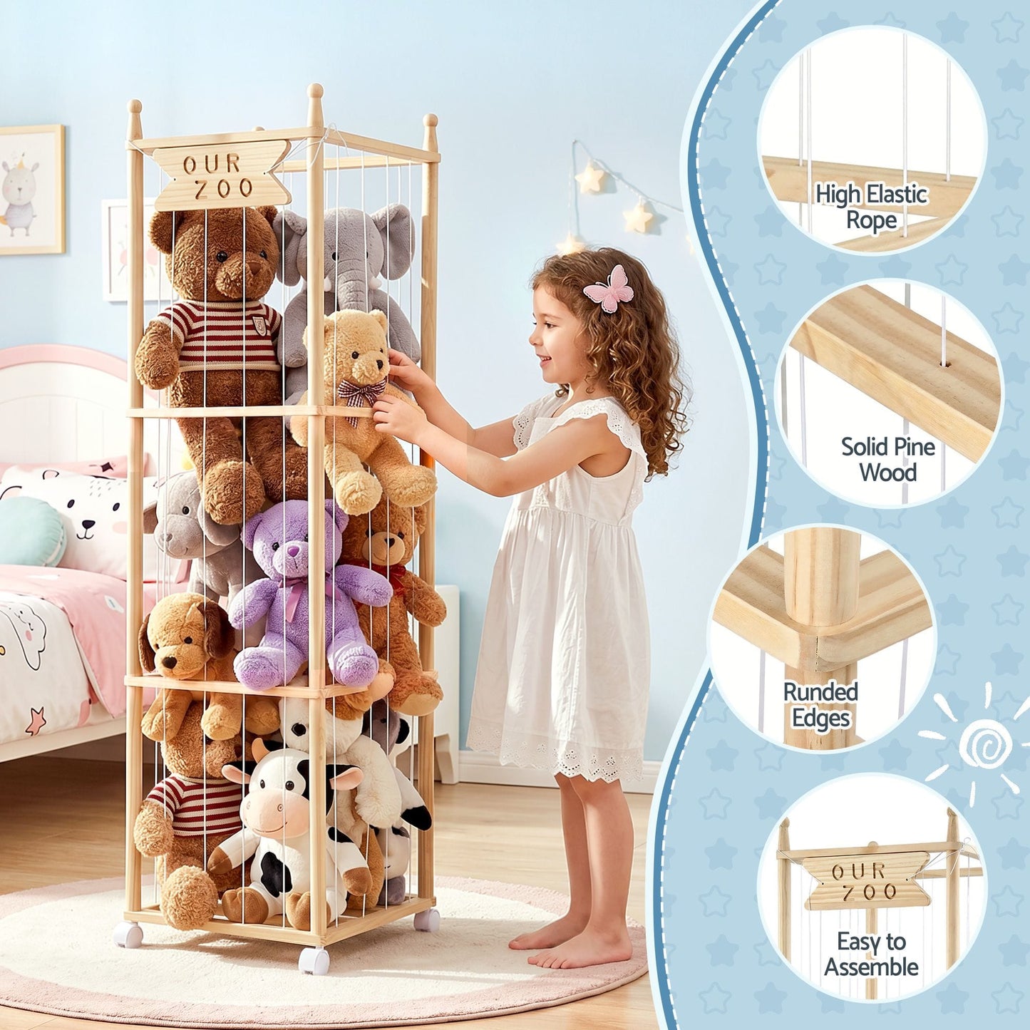 Alona.com.au Baby & Kids > Kid's Furniture > Toy Boxes Keezi Stuffed Animal Storage Wooden Toy Holder with Wheels Soft Toy Storage Zoo Cage Stuffy Toy Storage Organizers with Elastic Cords for Playroom Bedroom Nursery