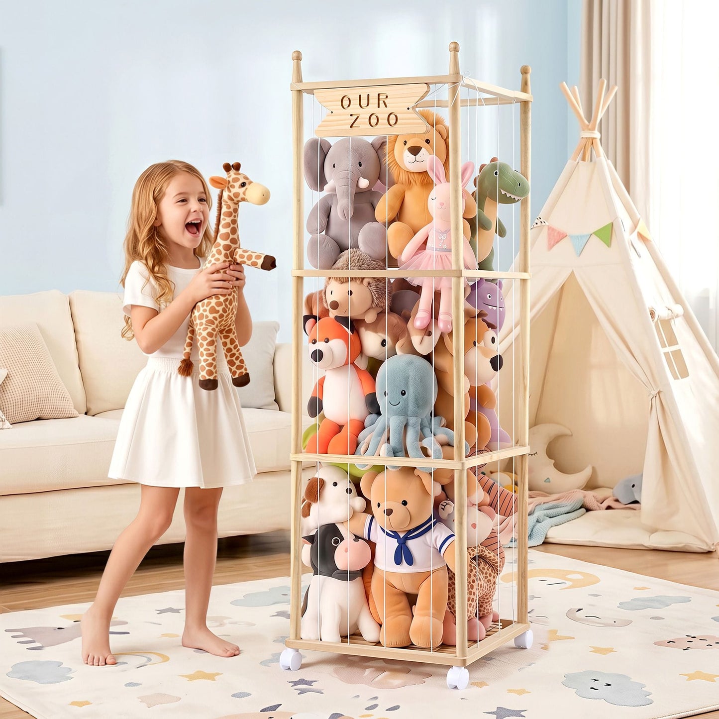 Alona.com.au Baby & Kids > Kid's Furniture > Toy Boxes Keezi Stuffed Animal Storage Wooden Toy Holder with Wheels Soft Toy Storage Zoo Cage Stuffy Toy Storage Organizers with Elastic Cords for Playroom Bedroom Nursery