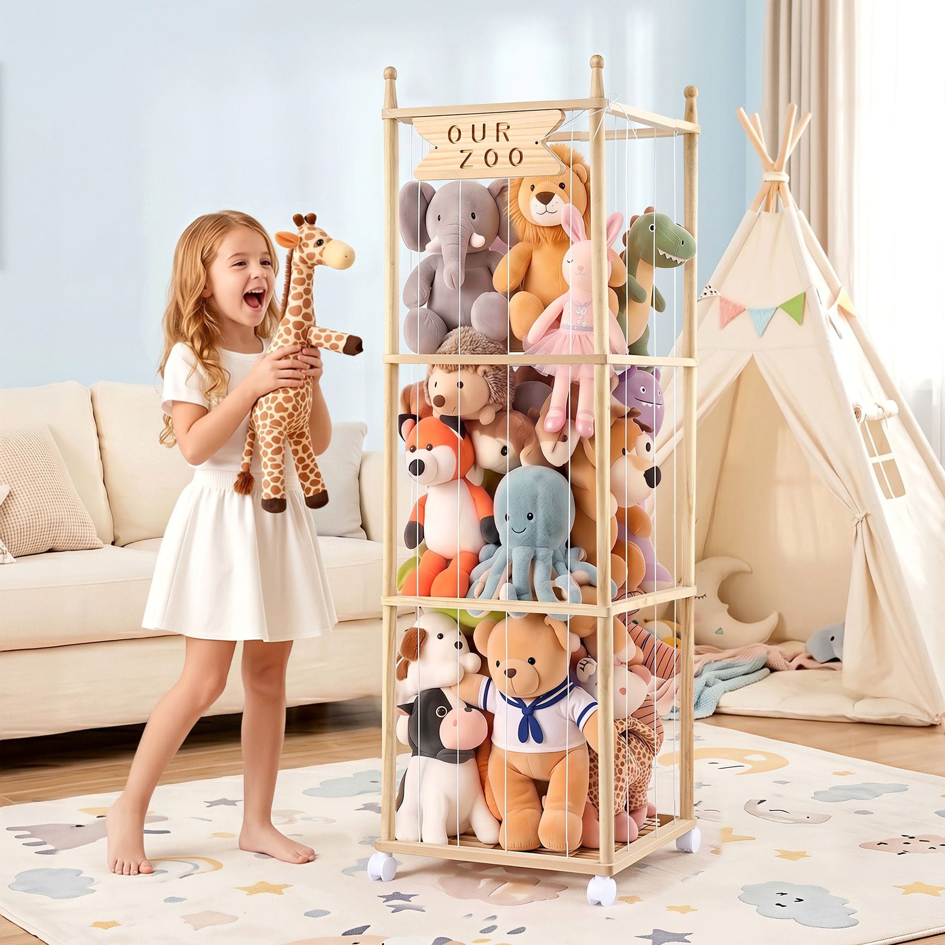 Alona.com.au Baby & Kids > Kid's Furniture > Toy Boxes Keezi Stuffed Animal Storage Wooden Toy Holder with Wheels Soft Toy Storage Zoo Cage Stuffy Toy Storage Organizers with Elastic Cords for Playroom Bedroom Nursery