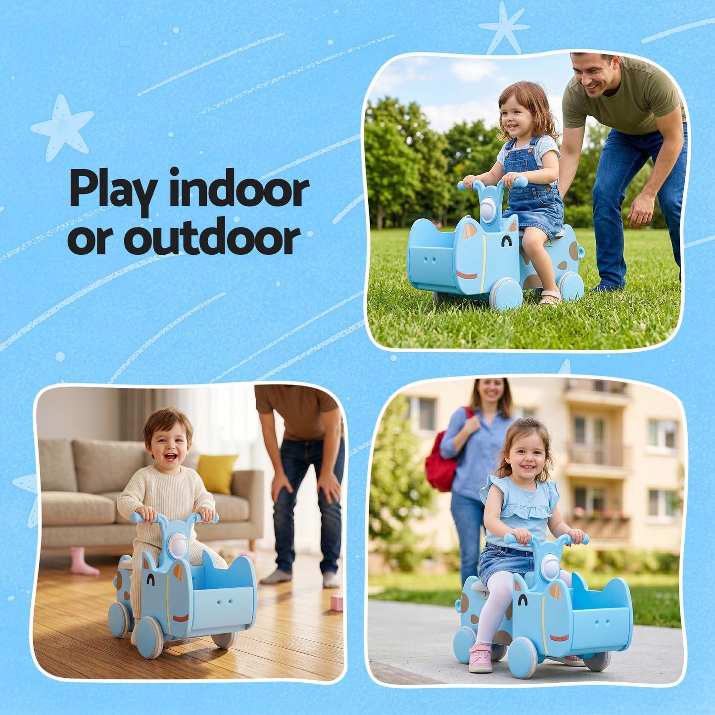 Alona.com.au Baby & Kids > Ride On Cars, Go-karts & Bikes > Ride On Cars KEEZI Kids Ride On Push Car Toys with Storage Space Animal Stickers Blue 67CMX43CM
