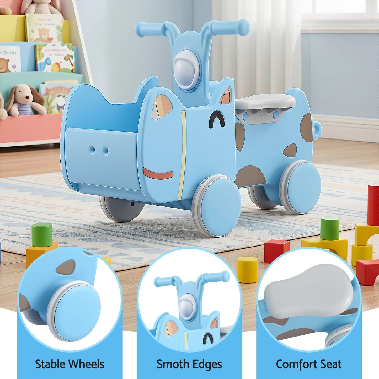Alona.com.au Baby & Kids > Ride On Cars, Go-karts & Bikes > Ride On Cars KEEZI Kids Ride On Push Car Toys with Storage Space Animal Stickers Blue 67CMX43CM
