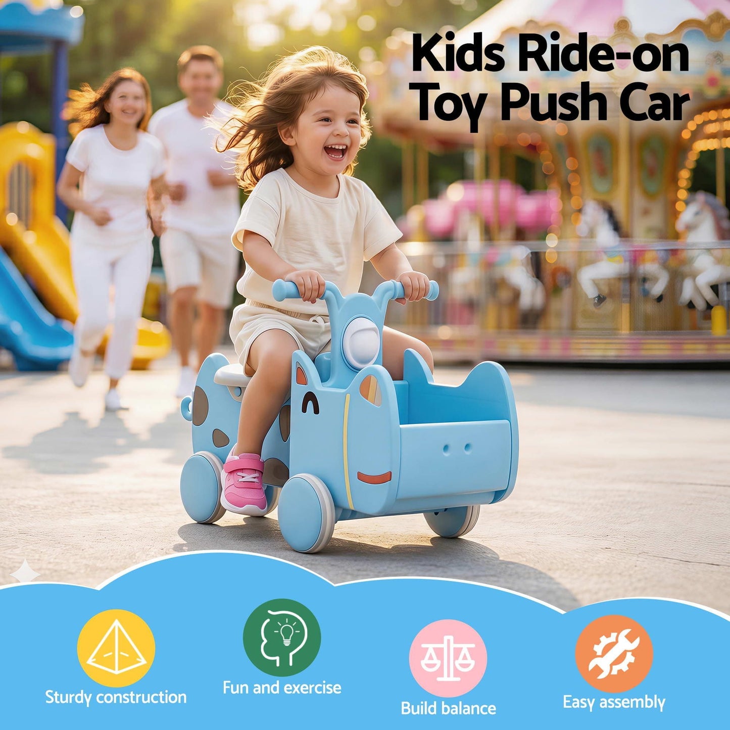 Alona.com.au Baby & Kids > Ride On Cars, Go-karts & Bikes > Ride On Cars KEEZI Kids Ride On Push Car Toys with Storage Space Animal Stickers Blue 67CMX43CM