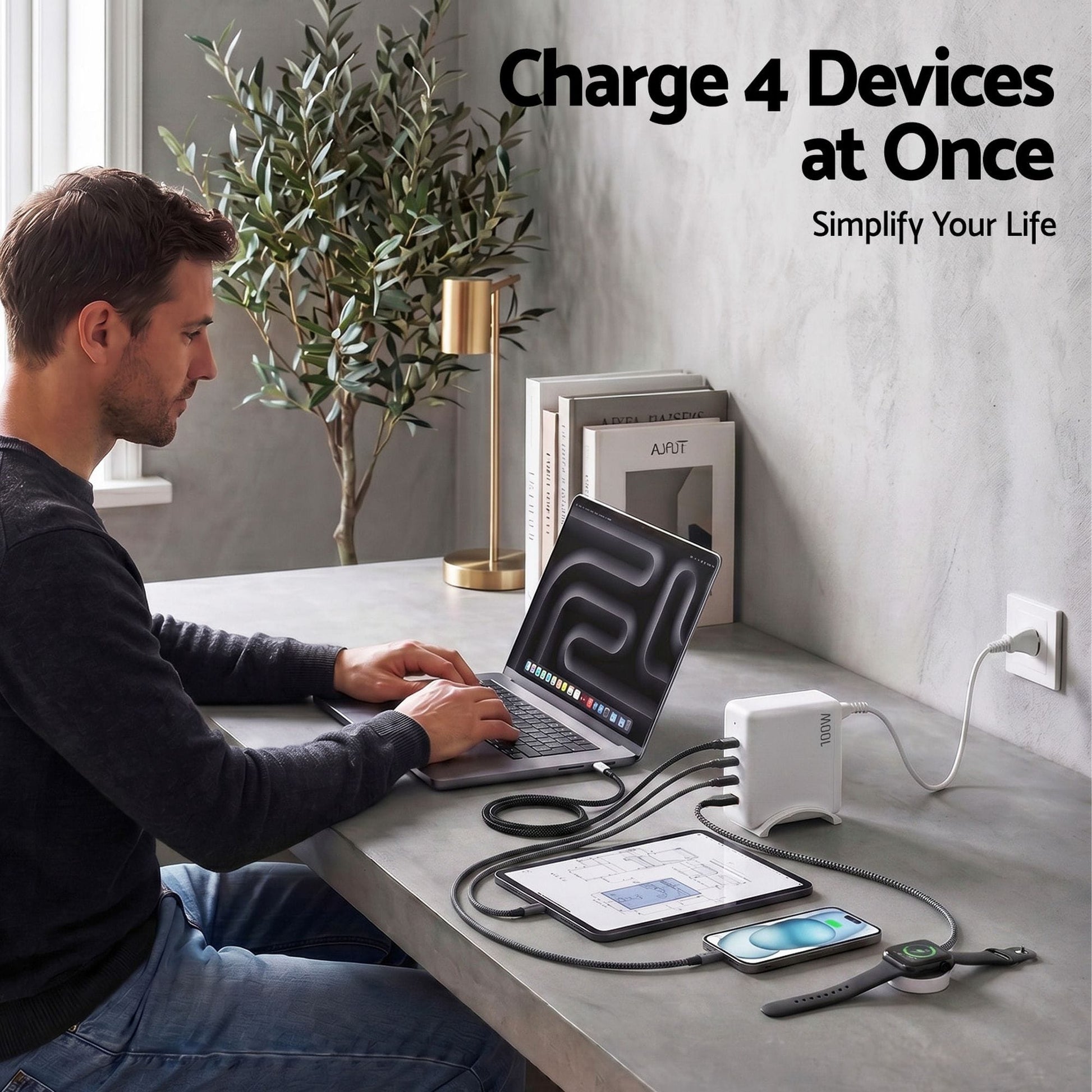 Alona.com.au Electronics > Battery Chargers & Power > Power Banks & Chargers Devanti USB C Charger 100W Fast Charger 4 Port GaN Desktop Station White