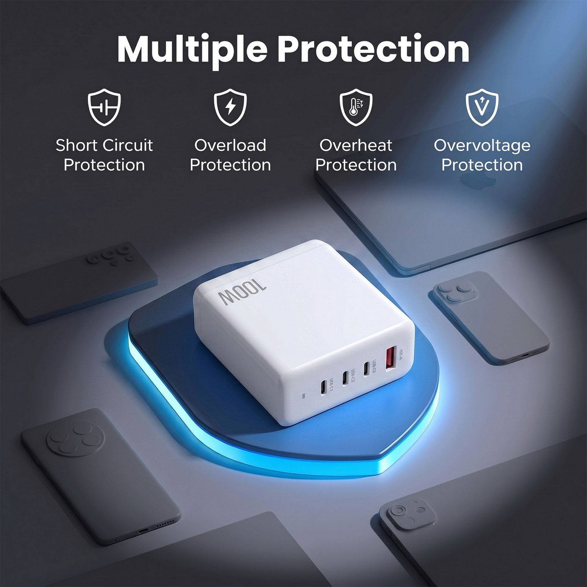 Alona.com.au Electronics > Battery Chargers & Power > Power Banks & Chargers Devanti USB C Charger 100W Fast Charger 4 Port GaN Desktop Station White