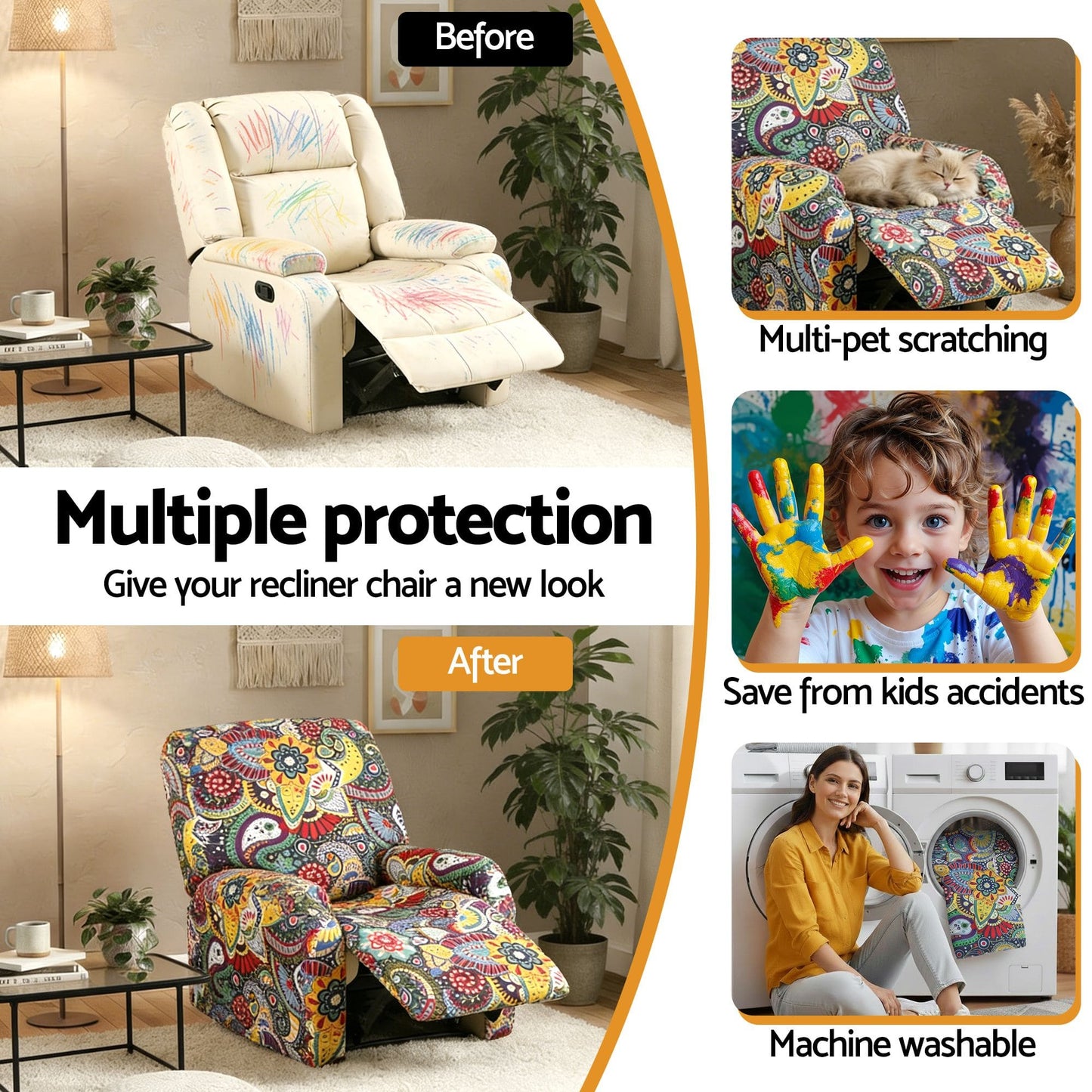 Alona.com.au Furniture > Bar Stools & Chairs > Arm Chairs & Recliners Artiss Stretch Kids Recliner Cover 4-Pieces Recliner Chair Slipcovers Printed Polyester