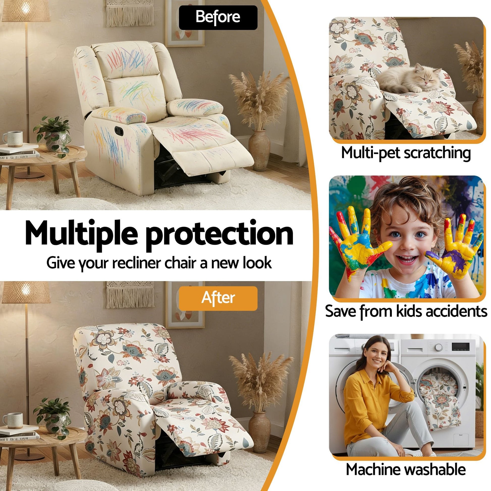 Alona.com.au Furniture > Bar Stools & Chairs > Arm Chairs & Recliners Artiss Stretch Kids Recliner Cover 4-Pieces Recliner Chair Slipcovers Printed Polyester