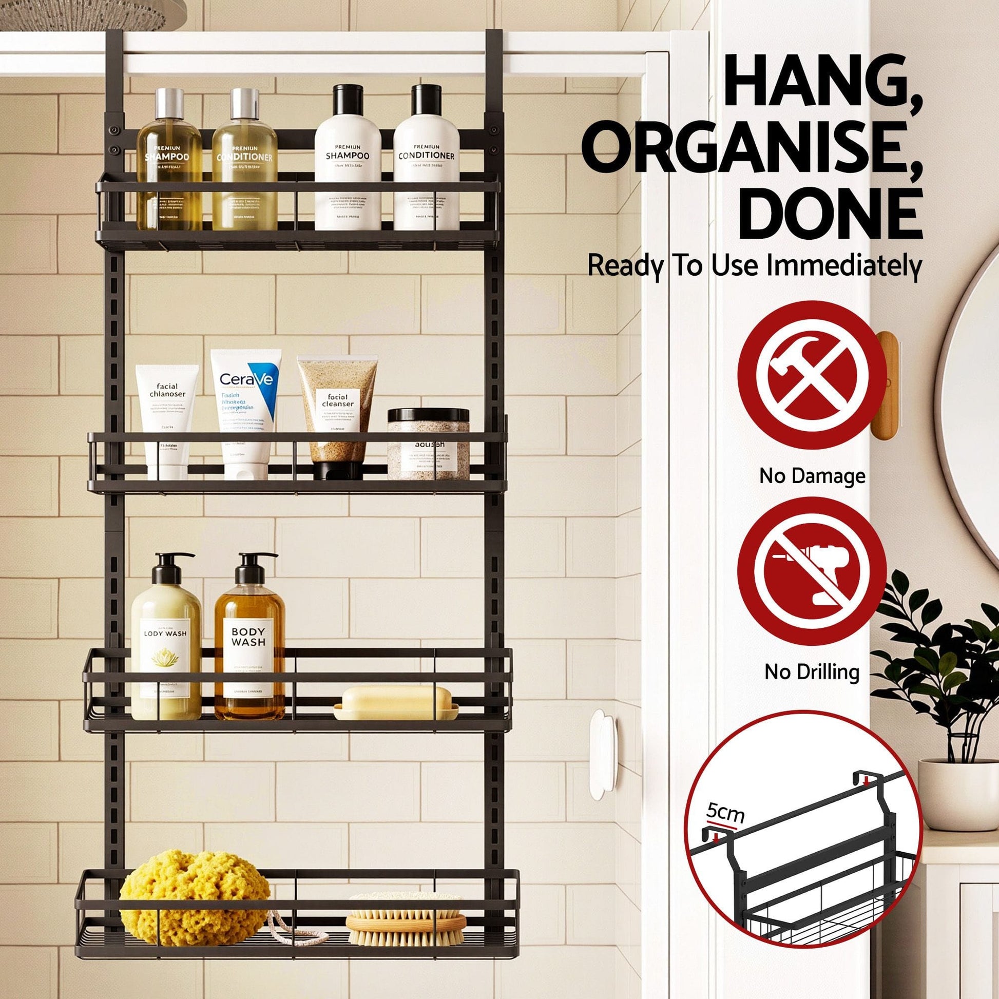 Alona.com.au Furniture > Bathroom > Bathroom Cabinets, Cupboards & Storage Artiss Over Door Bathroom Rack Hanging Organiser 4 Tier No Drill 91cm Black