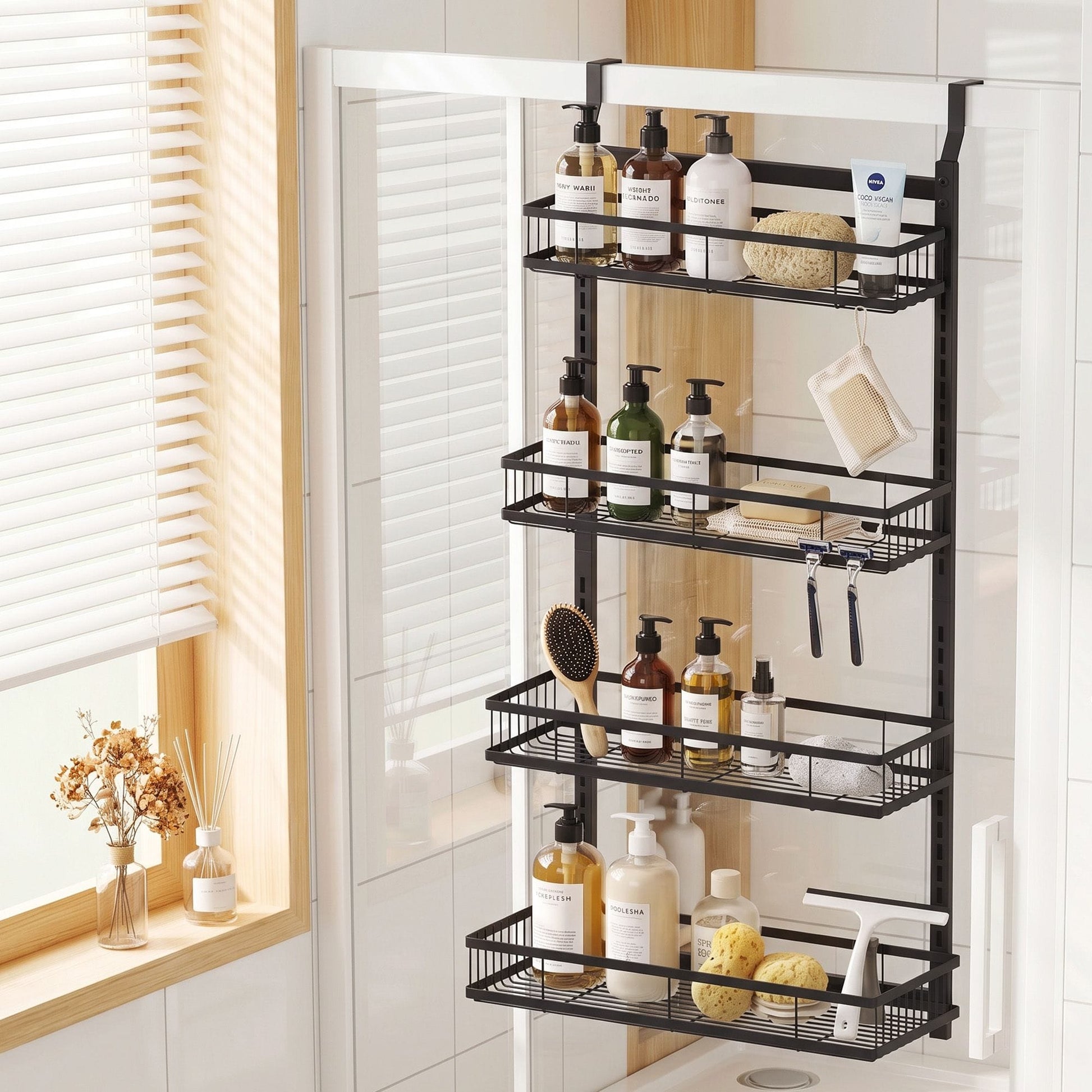 Alona.com.au Furniture > Bathroom > Bathroom Cabinets, Cupboards & Storage Artiss Over Door Bathroom Rack Hanging Organiser 4 Tier No Drill 91cm Black