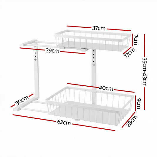 Alona.com.au Furniture > Dining > Kitchen & Dining Trolleys Artiss Under Sink Organizer Storage with 2 Slide Out Drawers 5 Adjustable Height Bathroom Kitchen Cabinet