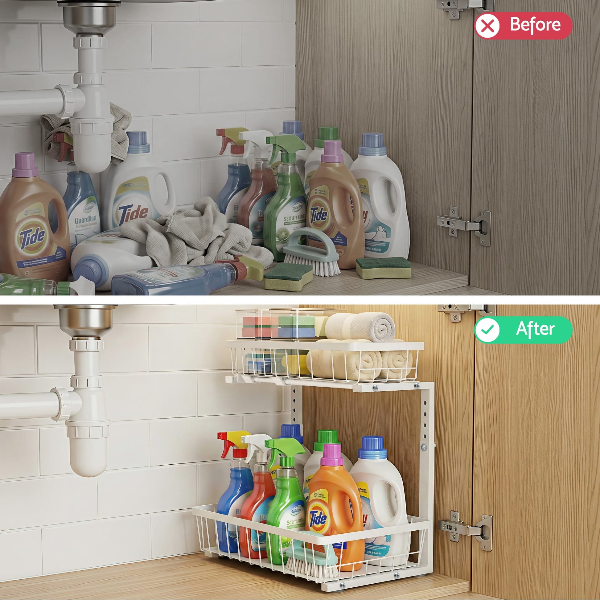 Alona.com.au Furniture > Dining > Kitchen & Dining Trolleys Artiss Under Sink Organizer Storage with 2 Slide Out Drawers 5 Adjustable Height Bathroom Kitchen Cabinet