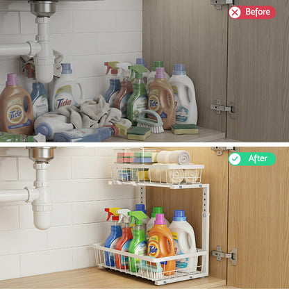 Alona.com.au Furniture > Dining > Kitchen & Dining Trolleys Artiss Under Sink Organizer Storage with 2 Slide Out Drawers 5 Adjustable Height Bathroom Kitchen Cabinet