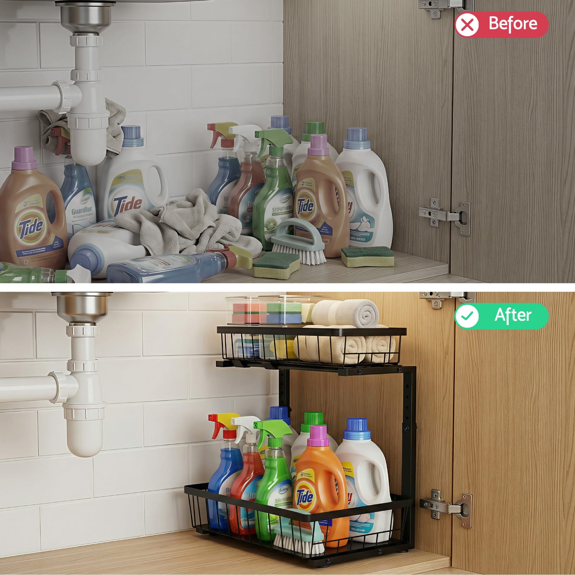 Alona.com.au Furniture > Dining > Kitchen & Dining Trolleys Artiss Under Sink Organizer Storage with 2 Slide Out Drawers 5 Adjustable Height Bathroom Kitchen Cabinet Black