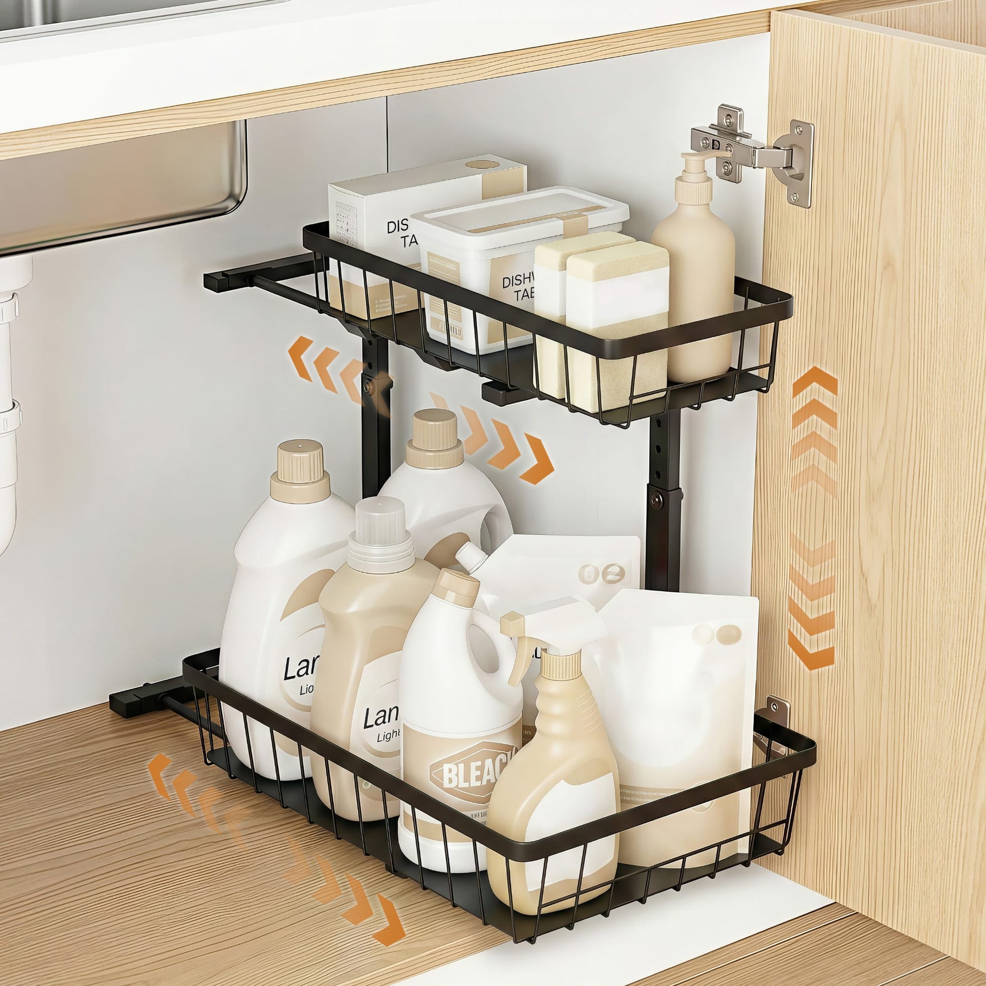 Alona.com.au Furniture > Dining > Kitchen & Dining Trolleys Artiss Under Sink Organizer Storage with 2 Slide Out Drawers 5 Adjustable Height Bathroom Kitchen Cabinet Black