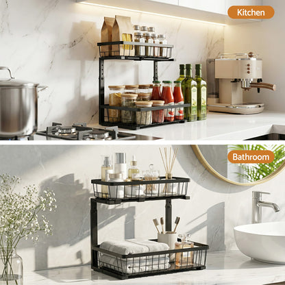 Alona.com.au Furniture > Dining > Kitchen & Dining Trolleys Artiss Under Sink Organizer Storage with 2 Slide Out Drawers 5 Adjustable Height Bathroom Kitchen Cabinet Black