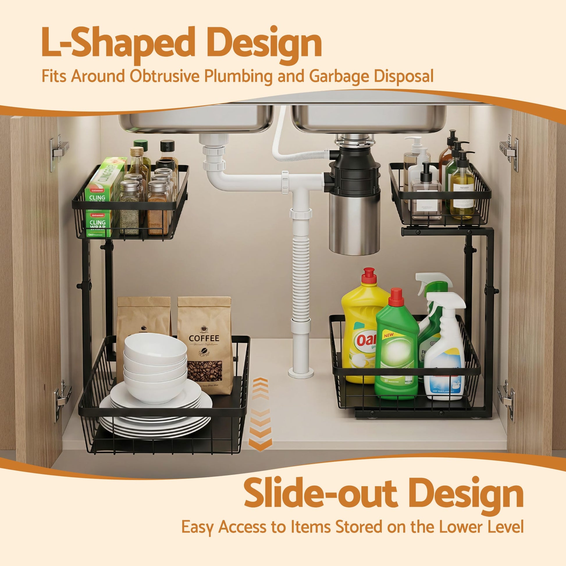 Alona.com.au Furniture > Dining > Kitchen & Dining Trolleys Artiss Under Sink Organizer Storage with 2 Slide Out Drawers 5 Adjustable Height Bathroom Kitchen Cabinet Black