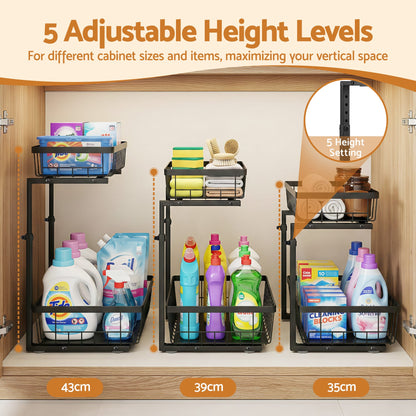 Alona.com.au Furniture > Dining > Kitchen & Dining Trolleys Artiss Under Sink Organizer Storage with 2 Slide Out Drawers 5 Adjustable Height Bathroom Kitchen Cabinet Black
