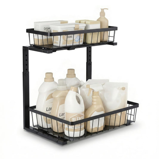 Alona.com.au Furniture > Dining > Kitchen & Dining Trolleys Artiss Under Sink Organizer Storage with 2 Slide Out Drawers 5 Adjustable Height Bathroom Kitchen Cabinet Black