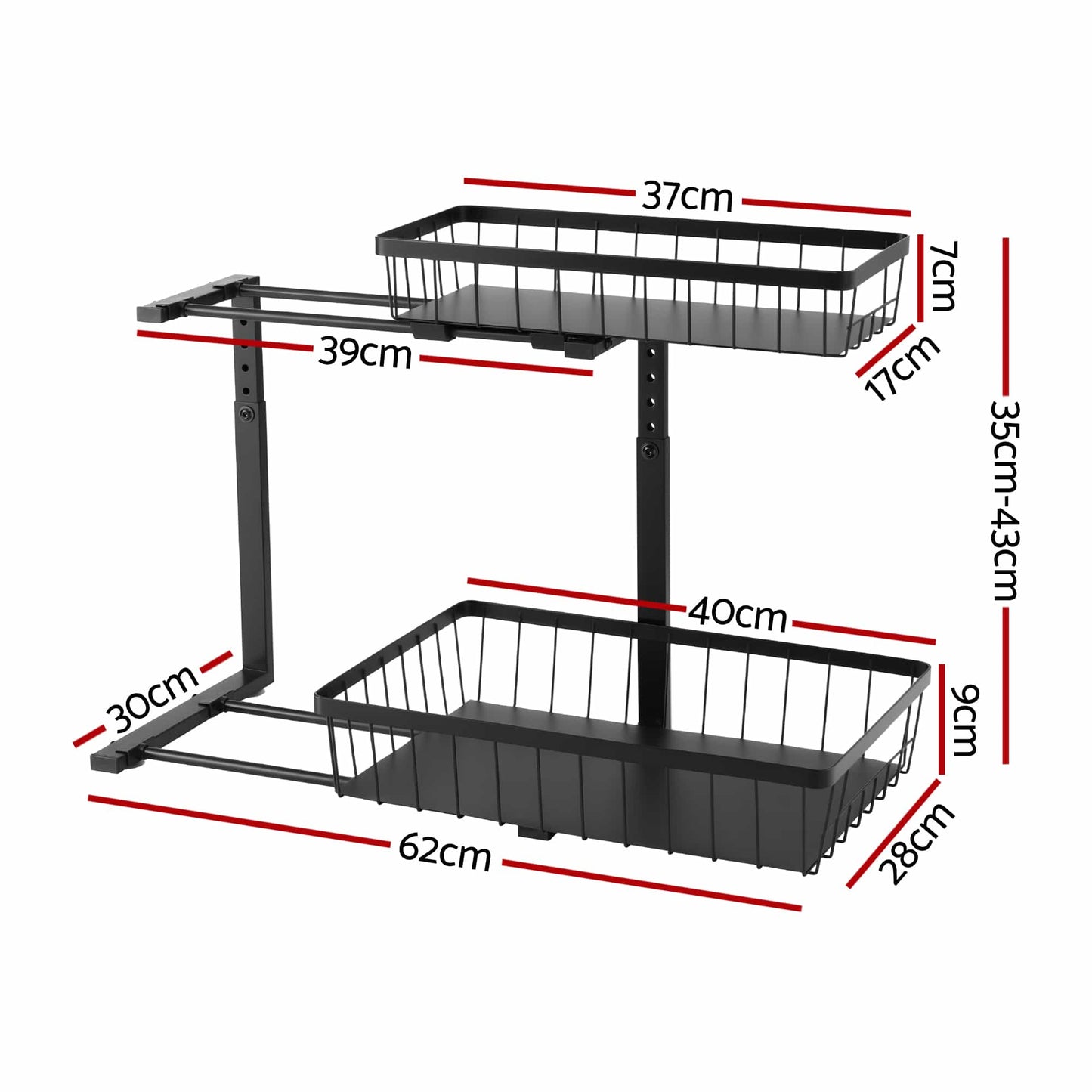 Alona.com.au Furniture > Dining > Kitchen & Dining Trolleys Artiss Under Sink Organizer Storage with 2 Slide Out Drawers 5 Adjustable Height Bathroom Kitchen Cabinet Black