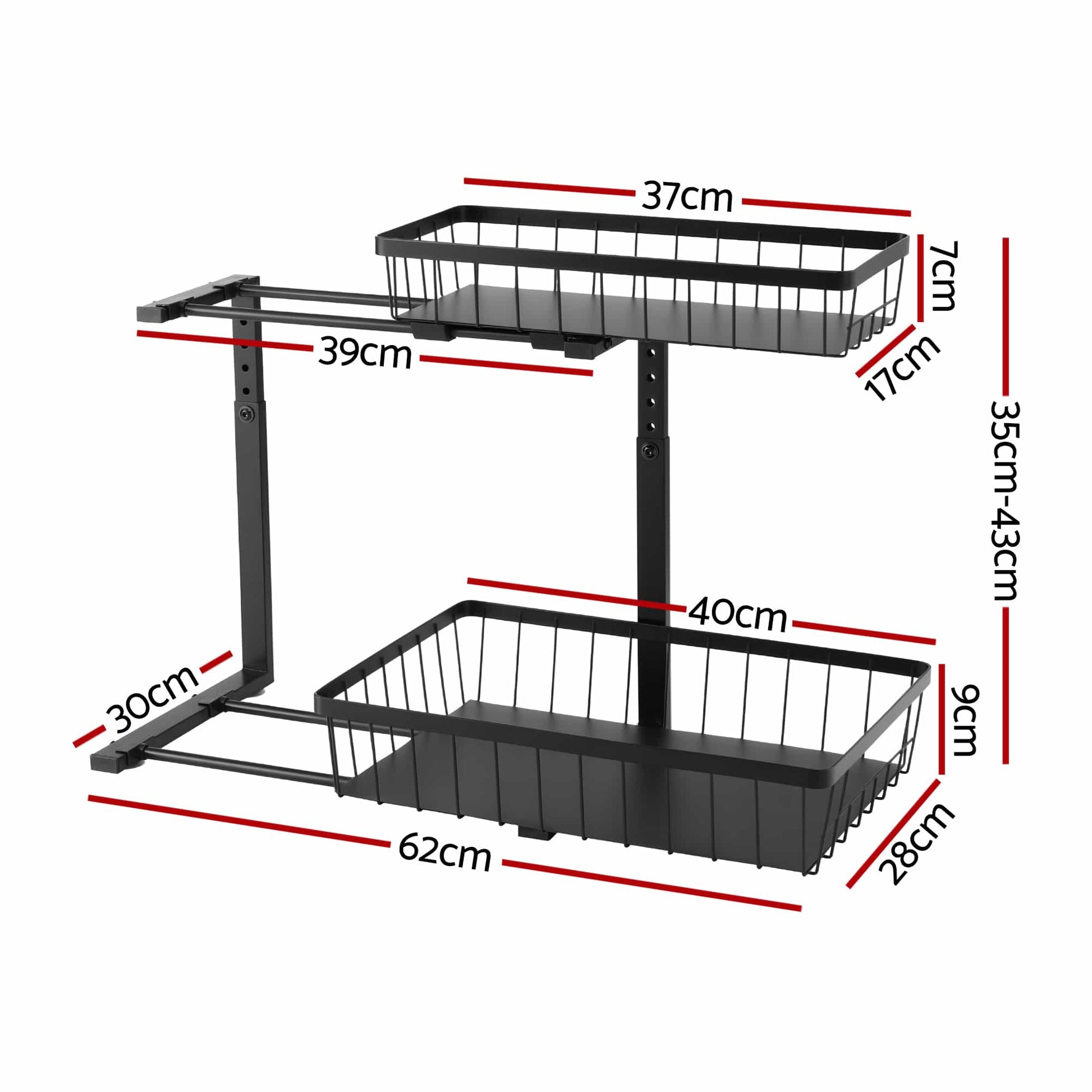 Alona.com.au Furniture > Dining > Kitchen & Dining Trolleys Artiss Under Sink Organizer Storage with 2 Slide Out Drawers 5 Adjustable Height Bathroom Kitchen Cabinet Black
