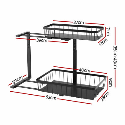 Alona.com.au Furniture > Dining > Kitchen & Dining Trolleys Artiss Under Sink Organizer Storage with 2 Slide Out Drawers 5 Adjustable Height Bathroom Kitchen Cabinet Black
