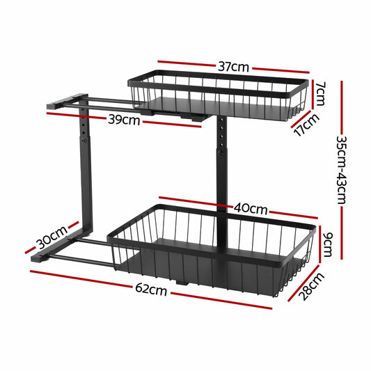 Alona.com.au Furniture > Dining > Kitchen & Dining Trolleys Artiss Under Sink Organizer Storage with 2 Slide Out Drawers 5 Adjustable Height Bathroom Kitchen Cabinet Black