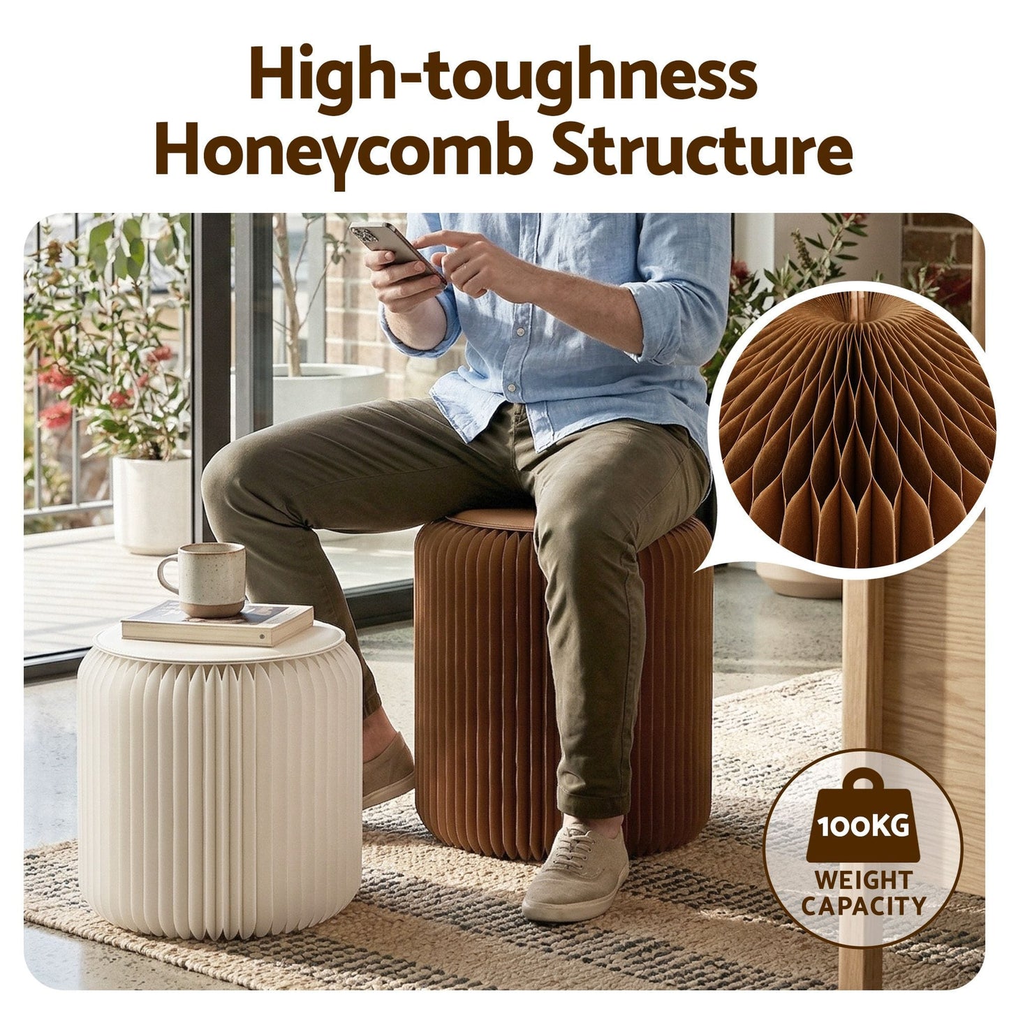 Alona.com.au Furniture > Living Room > Ottomans & Footstools Artiss Accordion Folding Paper Stools Set Includes 2 Cushions Natural Kraft 100KG Capacity