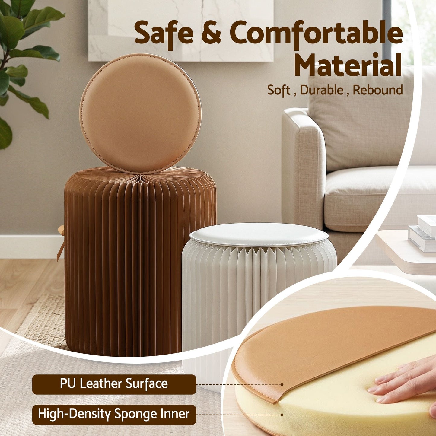Alona.com.au Furniture > Living Room > Ottomans & Footstools Artiss Accordion Folding Paper Stools Set Includes 2 Cushions Natural Kraft 100KG Capacity