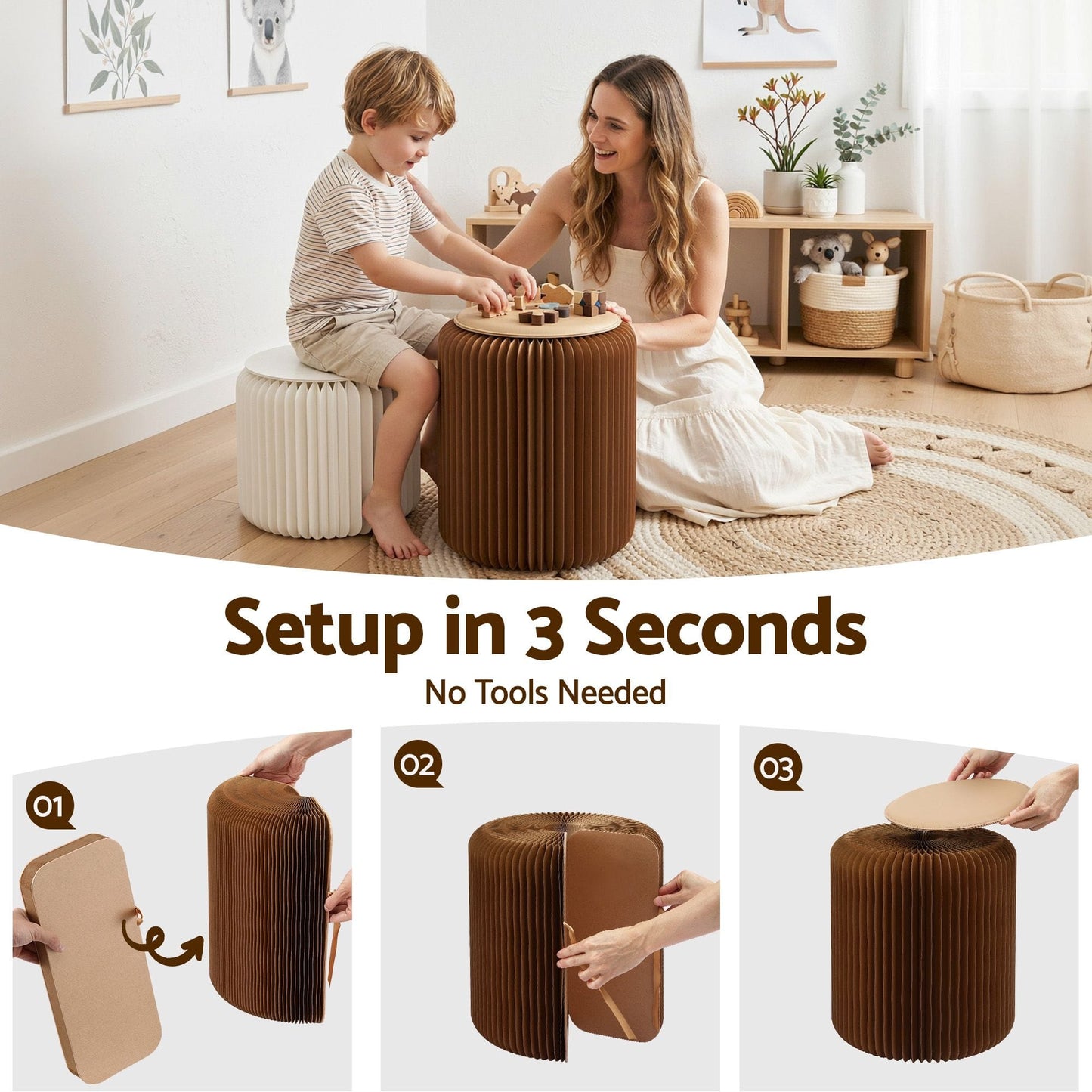 Alona.com.au Furniture > Living Room > Ottomans & Footstools Artiss Accordion Folding Paper Stools Set Includes 2 Cushions Natural Kraft 100KG Capacity