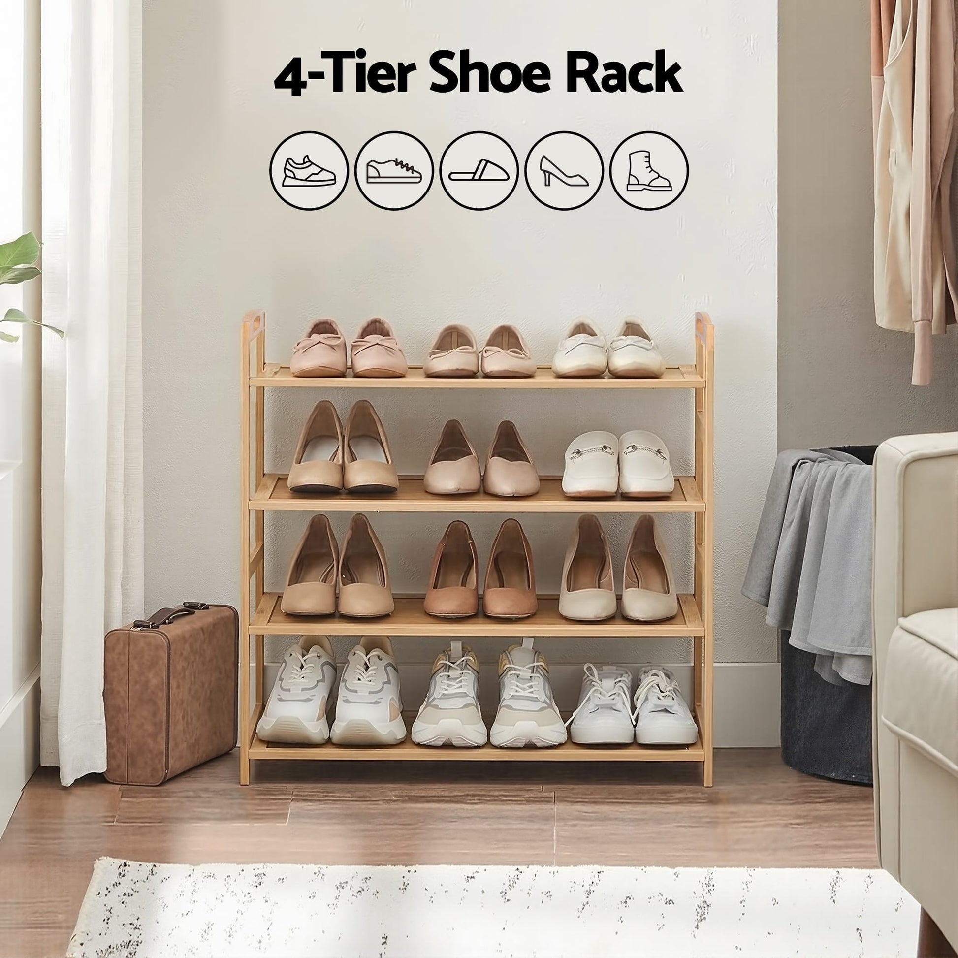 Alona.com.au Furniture > Living Room > Shoe Storage Artiss 4 Tier Shoe Rack Bamboo Storage Organiser Pine