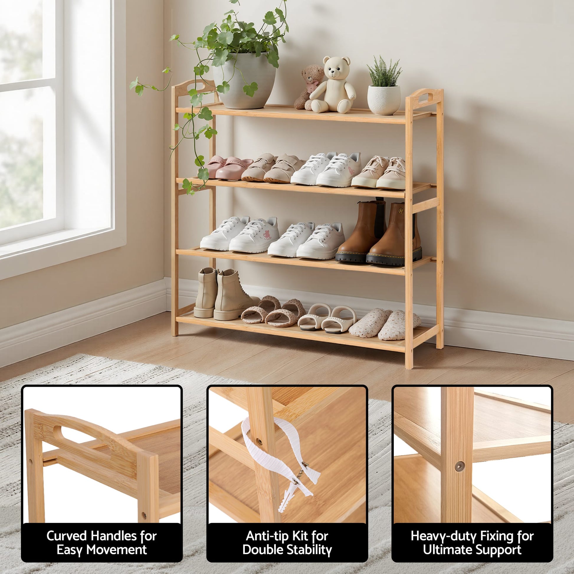 Alona.com.au Furniture > Living Room > Shoe Storage Artiss 4 Tier Shoe Rack Bamboo Storage Organiser Pine
