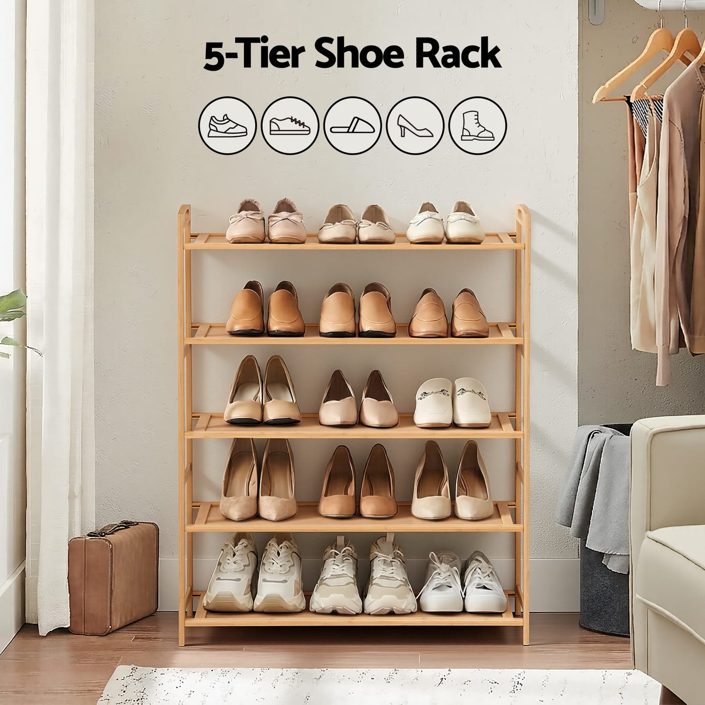 Alona.com.au Furniture > Living Room > Shoe Storage Artiss 5 Tier Shoe Rack Bamboo Storage Organiser Pine