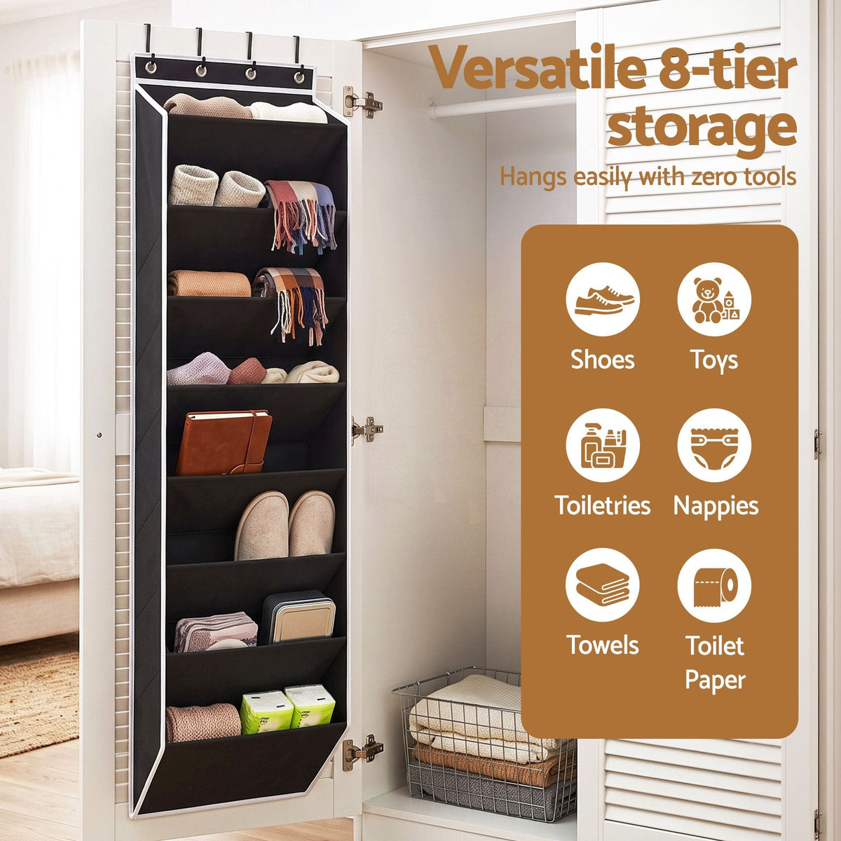 Alona.com.au Furniture > Living Room > Shoe Storage Artiss Over Door Shoe Organiser Storage X2 8-Tier Pantry Hanger Fabric Black