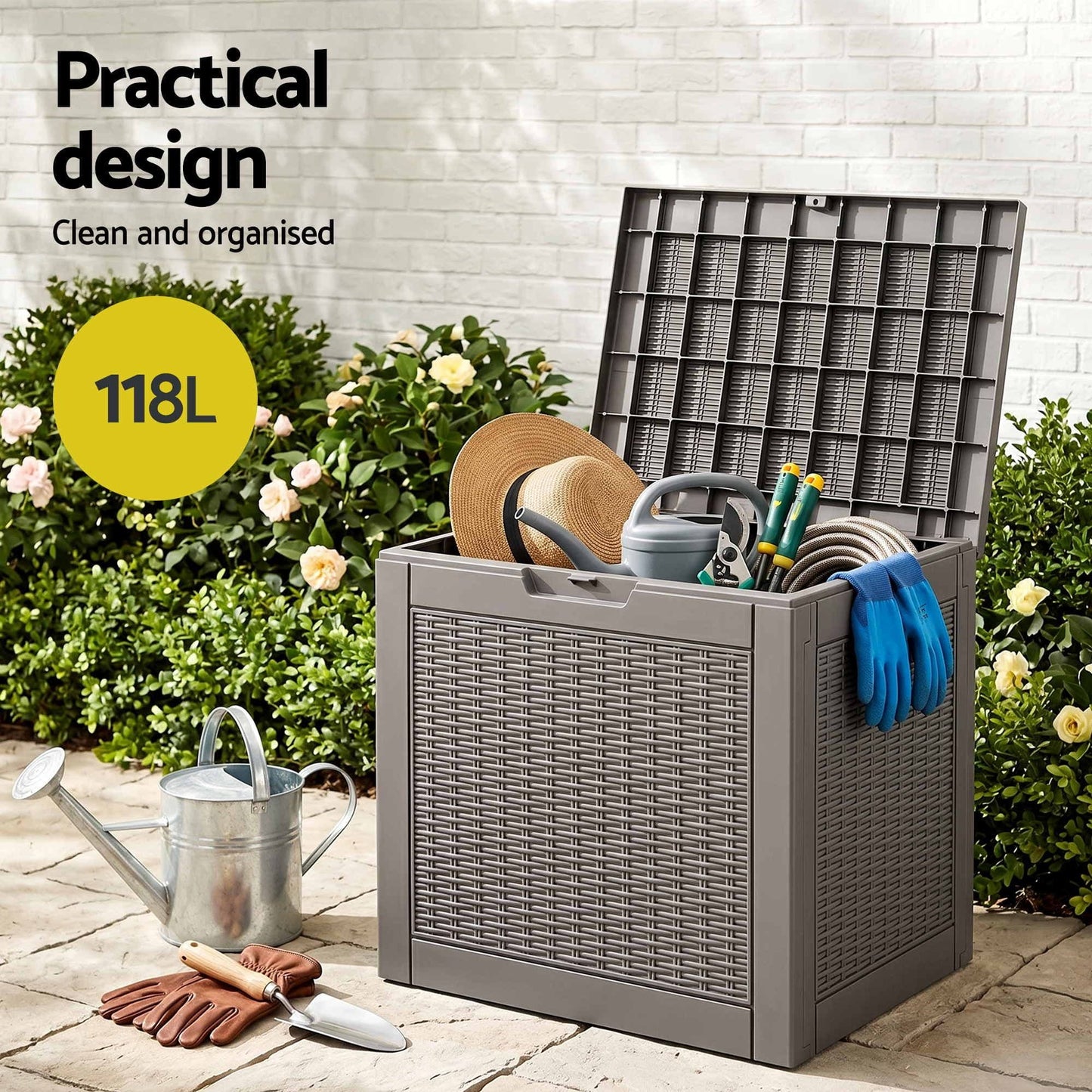 Alona.com.au Furniture > Outdoor > Outdoor Storage Boxes Gardeon Outdoor Storage Box 118L Container Lockable Garden Toy Tool Rattan-Texture Brown