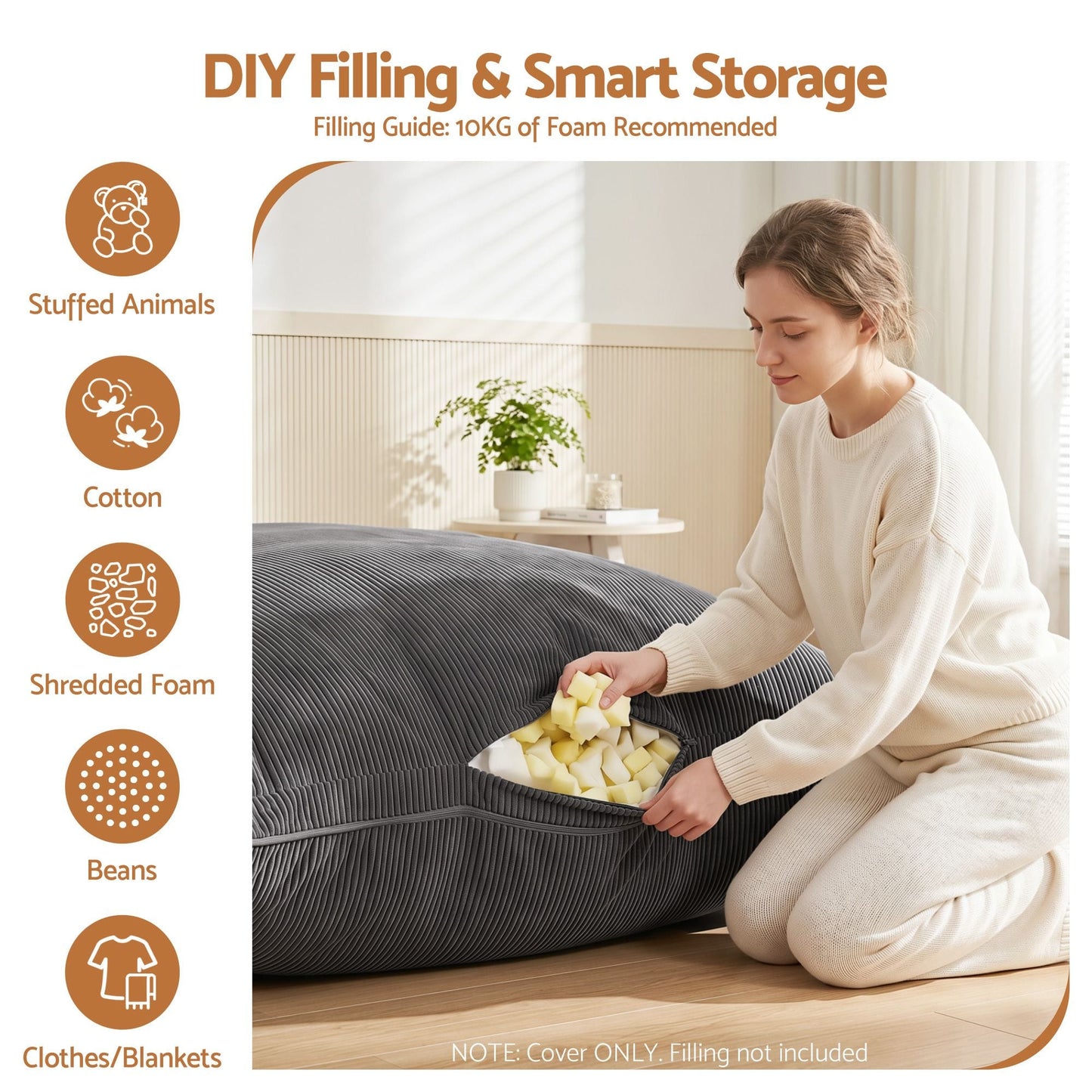 Alona.com.au Furniture > Sofas > Sofa Accessories Artiss 3 in 1 Bean Bag Chair Cover (No Filler) Convertible Bean Bag for Adults, Corduroy Stuffed Animal Storage Bean Bag Cover Washable for Living Room Bedroom, Grey