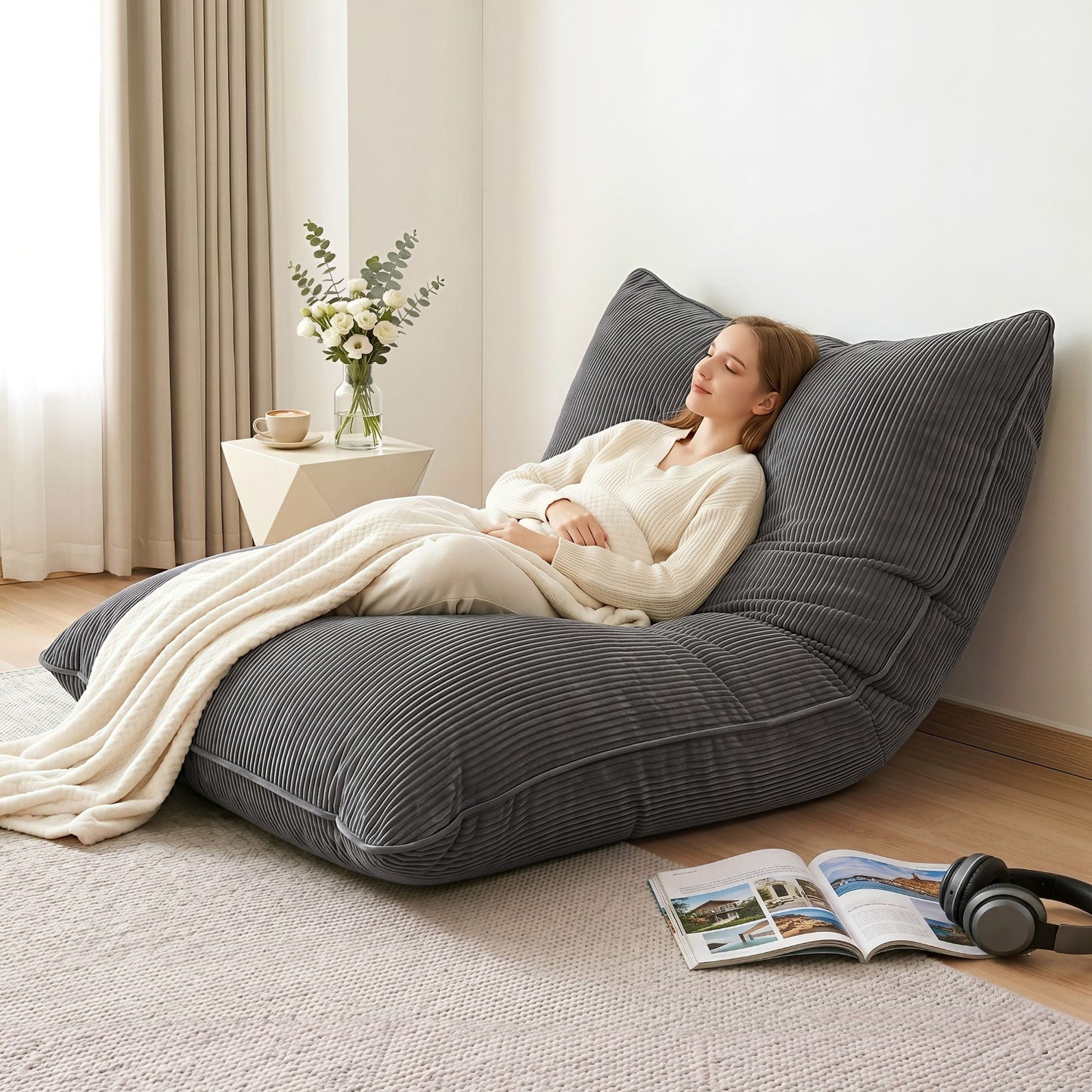 Alona.com.au Furniture > Sofas > Sofa Accessories Artiss 3 in 1 Bean Bag Chair Cover (No Filler) Convertible Bean Bag for Adults, Corduroy Stuffed Animal Storage Bean Bag Cover Washable for Living Room Bedroom, Grey