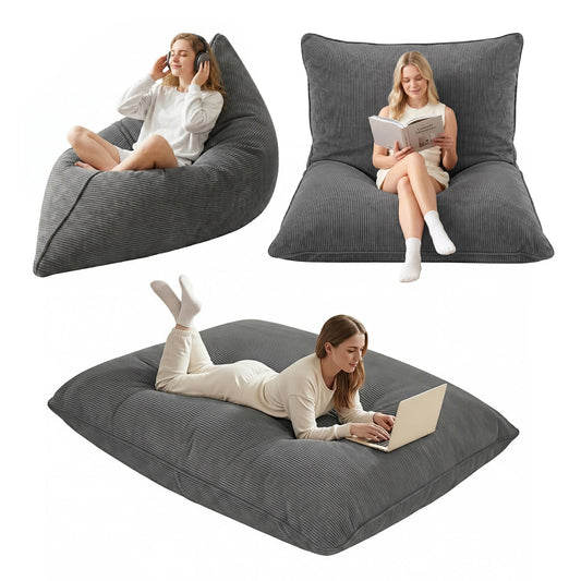 Alona.com.au Furniture > Sofas > Sofa Accessories Artiss 3 in 1 Bean Bag Chair Cover (No Filler) Convertible Bean Bag for Adults, Corduroy Stuffed Animal Storage Bean Bag Cover Washable for Living Room Bedroom, Grey