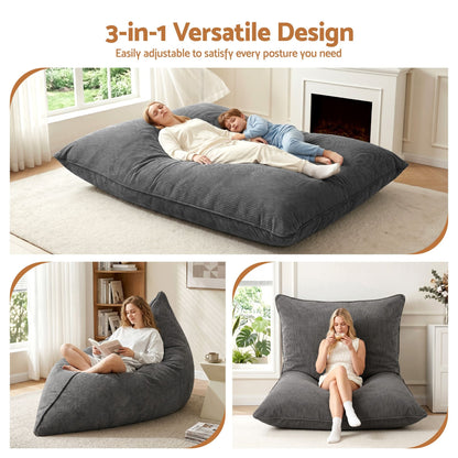 Alona.com.au Furniture > Sofas > Sofa Accessories Artiss 3 in 1 Bean Bag Chair Cover (No Filler) Convertible Bean Bag for Adults, Corduroy Stuffed Animal Storage Bean Bag Cover Washable for Living Room Bedroom, Grey