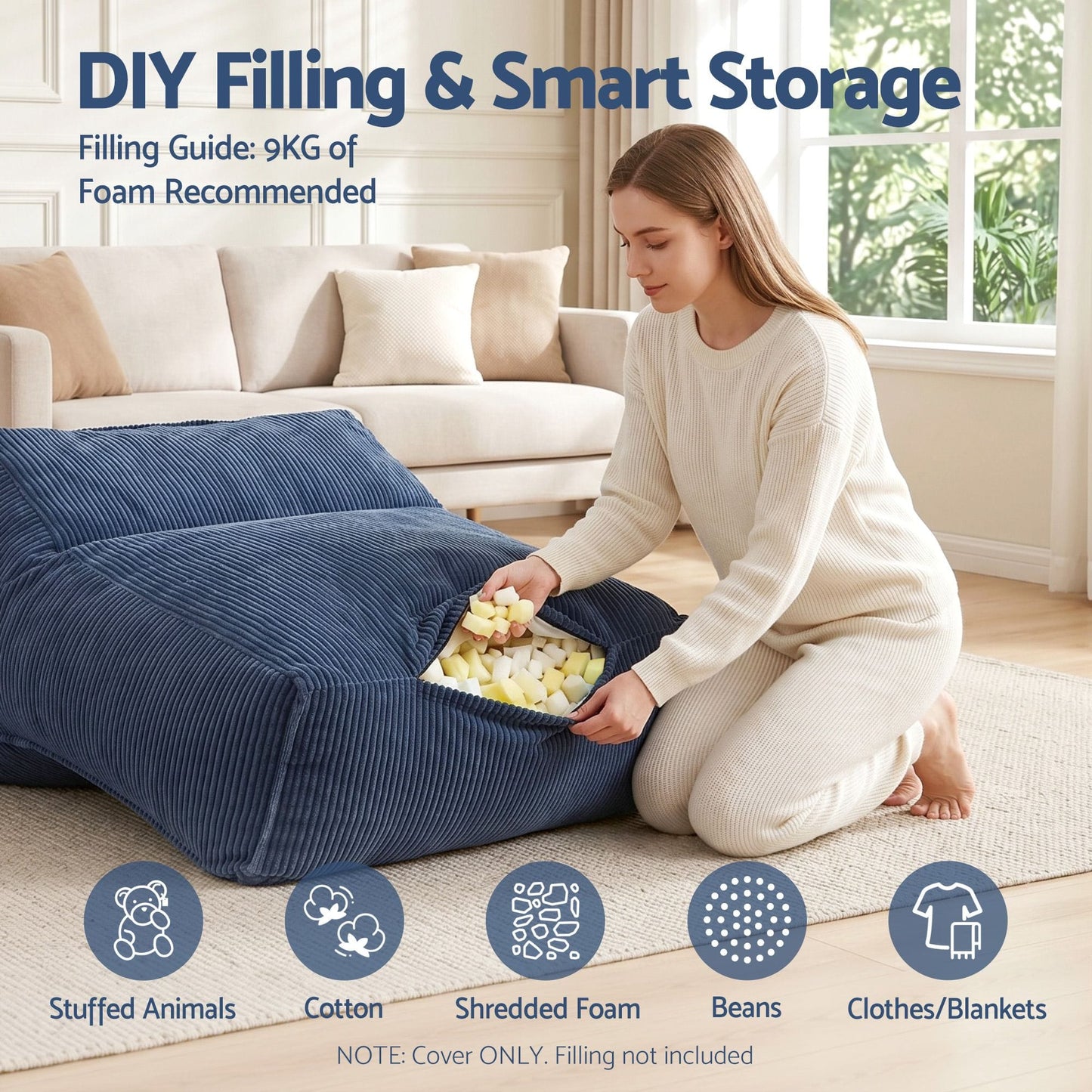 Alona.com.au Furniture > Sofas > Sofa Accessories Artiss Bean Bag Chair Cover (No Filler) Soft Corduroy Stuffed Animal Storage Bean Bag Cover for Adults, Washable Lazy Sofa Cover for Living Room Bedroom, Blue