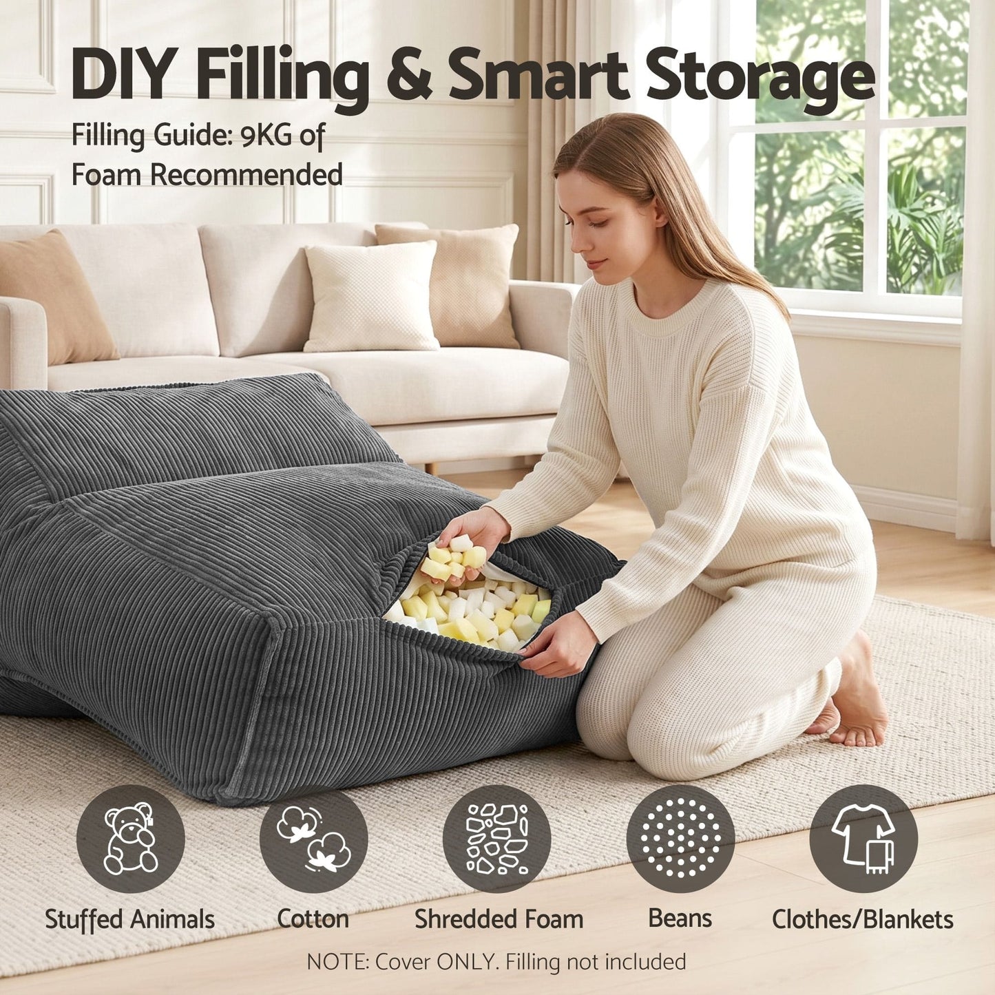 Alona.com.au Furniture > Sofas > Sofa Accessories Artiss Bean Bag Chair Cover (No Filler) Soft Corduroy Stuffed Animal Storage Bean Bag Cover for Adults, Washable Lazy Sofa Cover for Living Room Bedroom, Grey