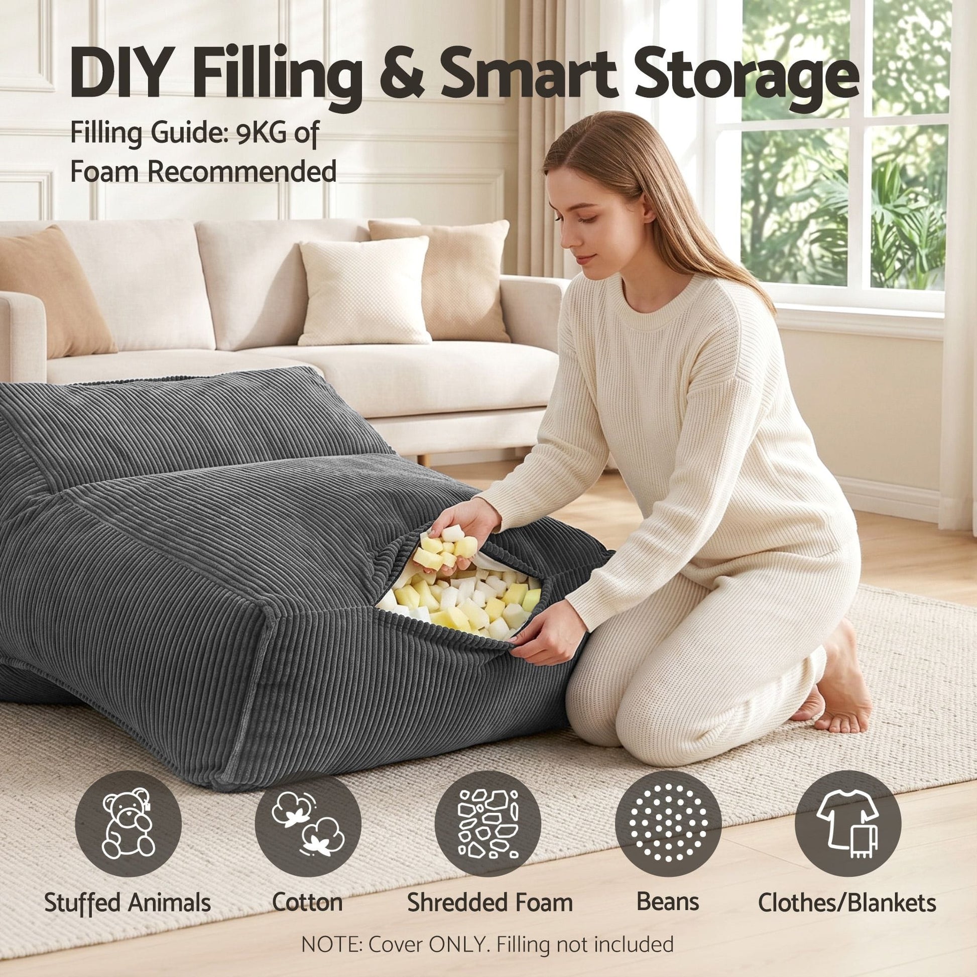Alona.com.au Furniture > Sofas > Sofa Accessories Artiss Bean Bag Chair Cover (No Filler) Soft Corduroy Stuffed Animal Storage Bean Bag Cover for Adults, Washable Lazy Sofa Cover for Living Room Bedroom, Grey