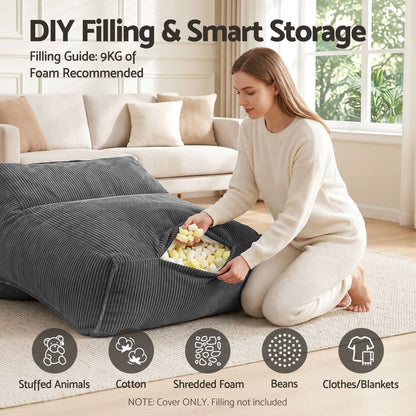 Alona.com.au Furniture > Sofas > Sofa Accessories Artiss Bean Bag Chair Cover (No Filler) Soft Corduroy Stuffed Animal Storage Bean Bag Cover for Adults, Washable Lazy Sofa Cover for Living Room Bedroom, Grey